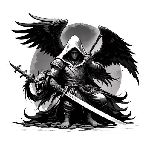 Hooded Arch Angel Defeating A Demon Samurai With Sword