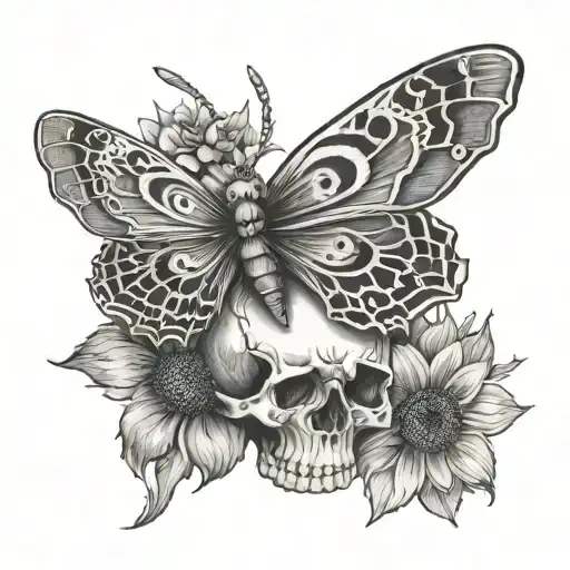 Side View Of Moth With Skull As Body And Sunflowerd Intertwined