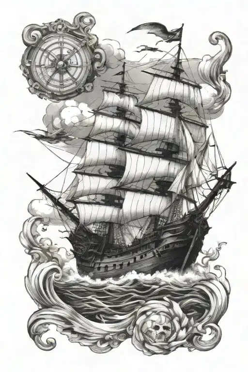 Nautical Half Sleeve Tattoo Featuring Galleon Warship