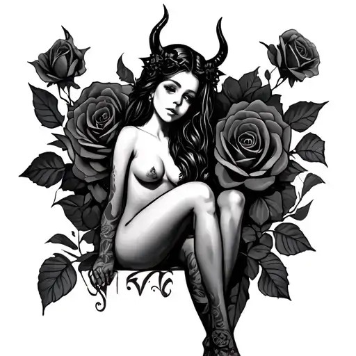 Black Rose Tattoo With Devil Girl Sitting