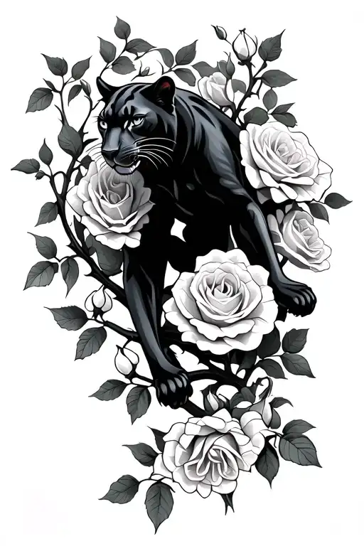 Creat A Black Panther Climbing Up A Rose Bush Of Thorns Adn Rose Buds Flowering