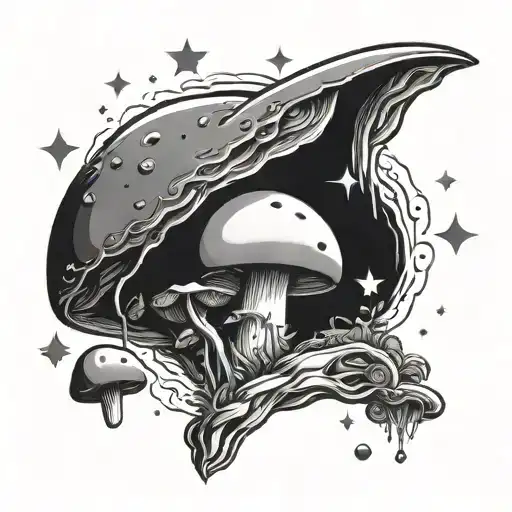 Eye On The Top Of The Ey Are Mushrooms And Under The Eye Are Clouds And Stars And Moon