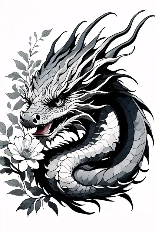 Dragon And Flowers Classic Black And White Fine Line