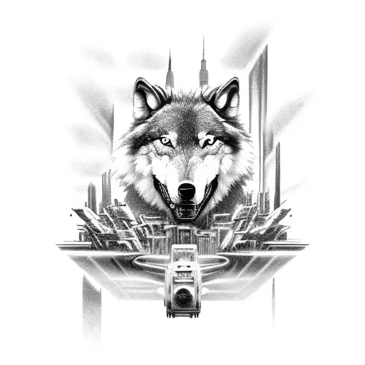 Mechanical Wolf Driving A Vintage Car Through A Futuristic City