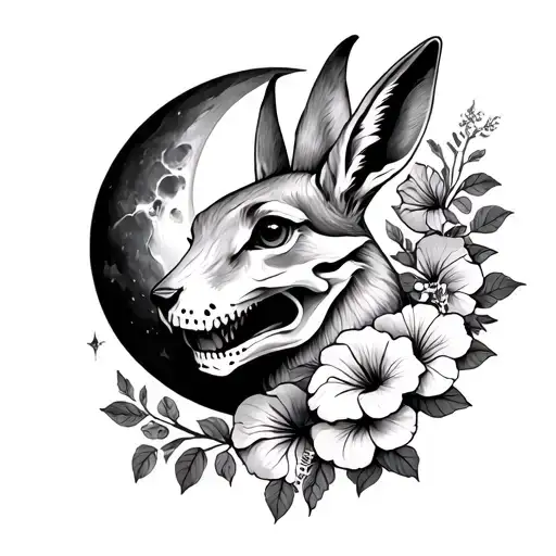 Hare Wearing A Fox Skull Surrounded By A Cresent Moon With Hibiscus