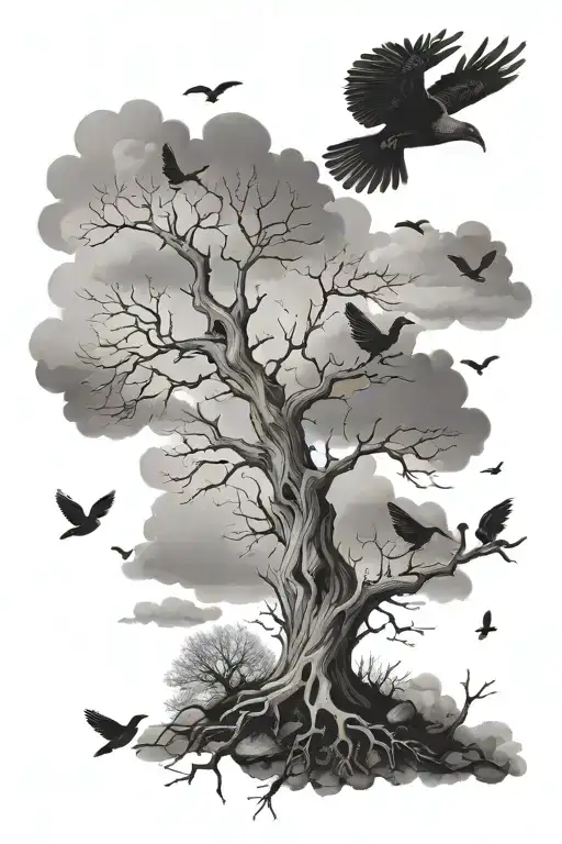Dead Tree With Birds Flying Around And Clouds In The Background