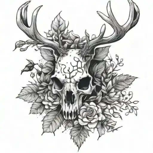 Deer Skull Surrounded By Plants And Bees