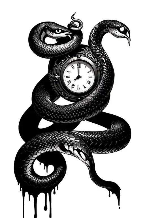 A Woman With White Eyes Snake Wrapped Around Her Hand With A Old Melting Clock For The Back Ground
