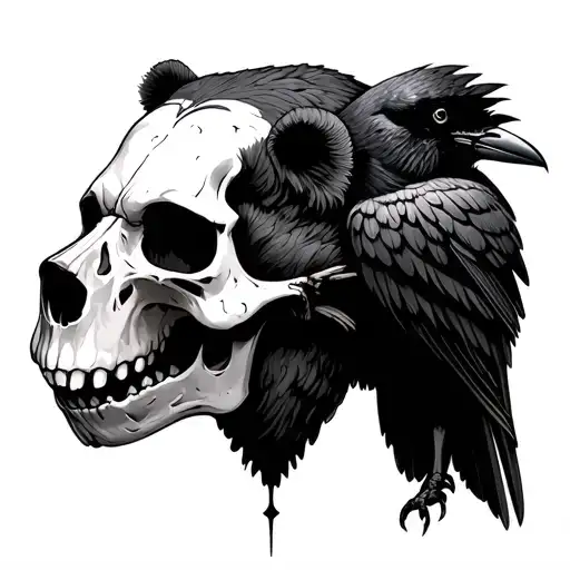 Bear Skull With Crow Perched