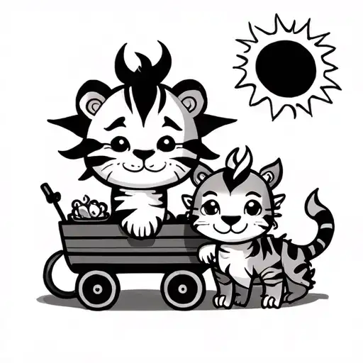 Small Cute Cartoon Tiger And Dragon With A Sun And Cart