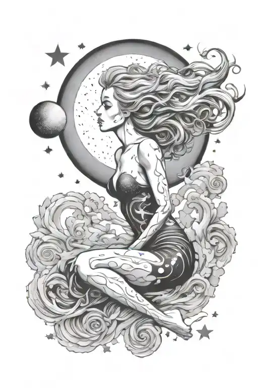 Female Sfull Body Ilhouette With Gas Clouds And Stars And Moon Surrounding Her