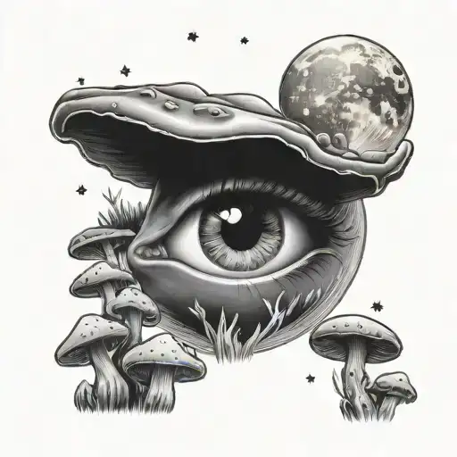 Eye On The Top Of The Ey Are Mushrooms And Under The Eye Are Clouds And Stars And Moon