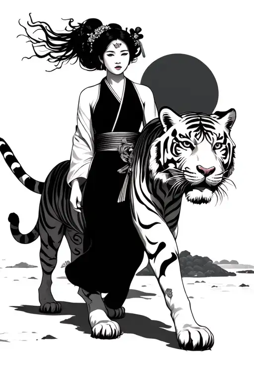Japanese Woman With Tiger Walking