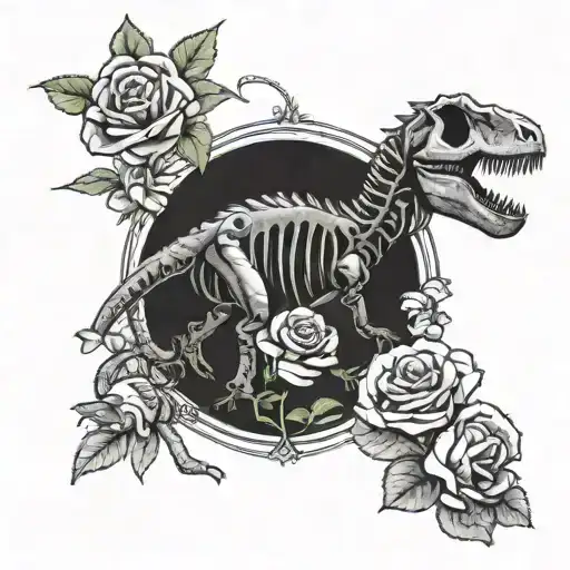 Skeleton Dinosaur Tyrasonaur Rex With Roses Blooming