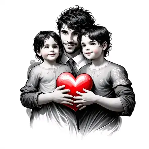 Man With Two Children Holding Hands Holding A Heart