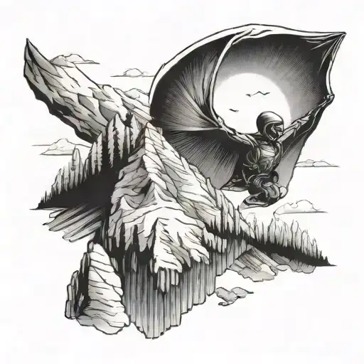 Forrest With Mountains And Sky In Background With Wingsuiter In Sky