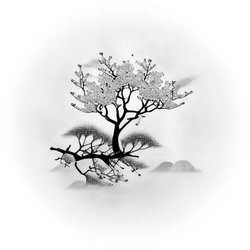 A Black-grey Tattoo Of A Sakura Tree With Musical Notes Floating In The Sky