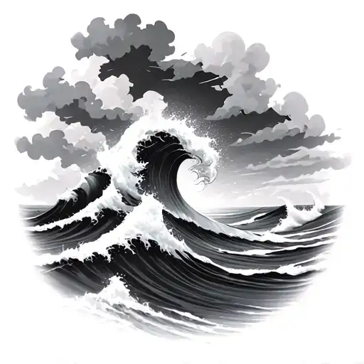 Rough Ocean Waves With Storm Clouds And Sunlight Filtering