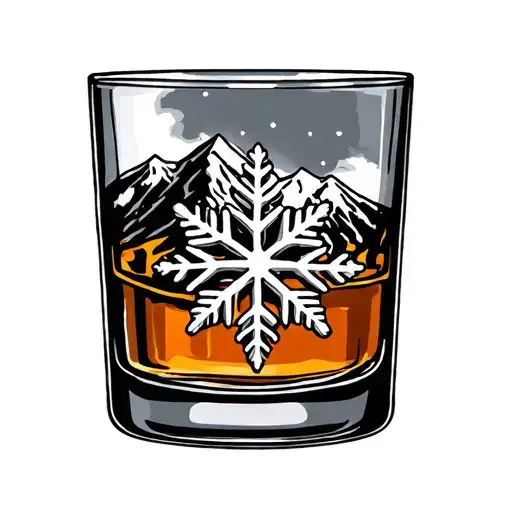 Snow Flake In Whiskey Glass Under Mountain