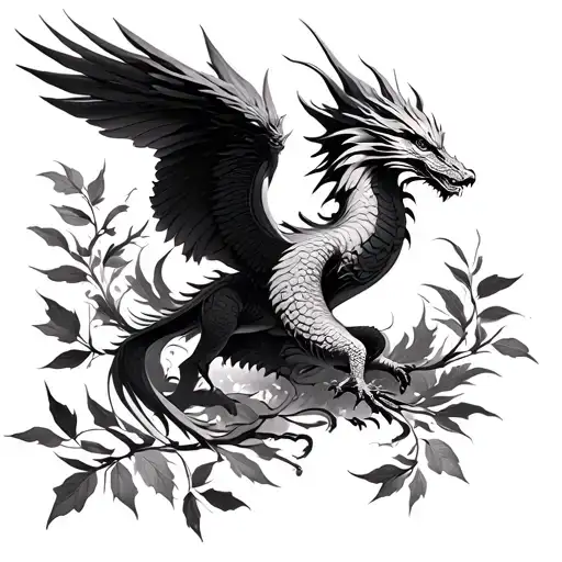 A Phoenix And A Dragon In Flight In Flight With Cherry Leaves
