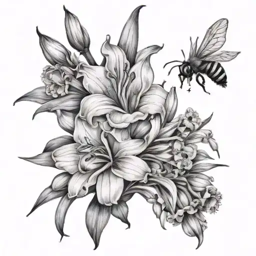 Gladiolus And Forget Me Not Flower With Bee