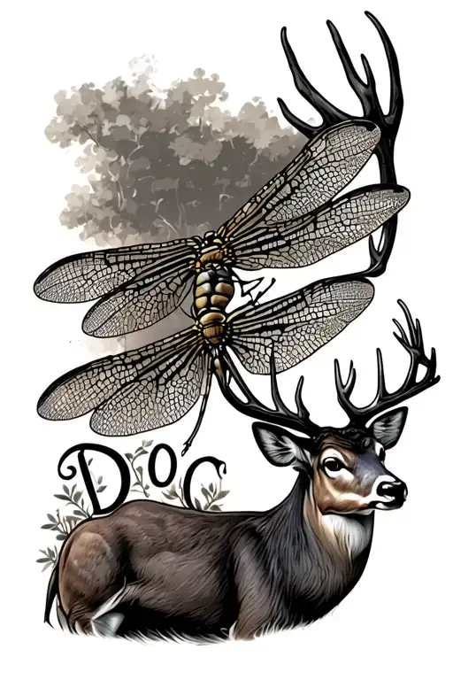 Dragonfly With The Letters Doc Going Down The Body And A Buck Deer