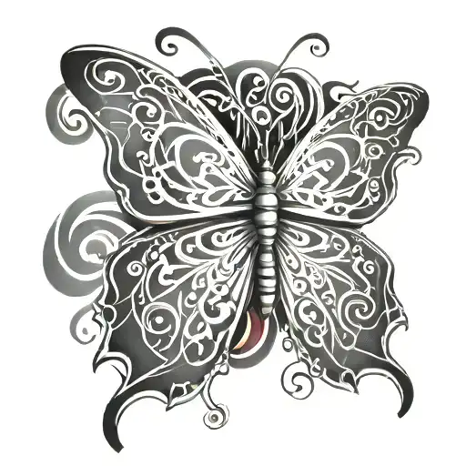 Female Tribal Tattoo On The Lower Back Sketch Black Branched Butterfly