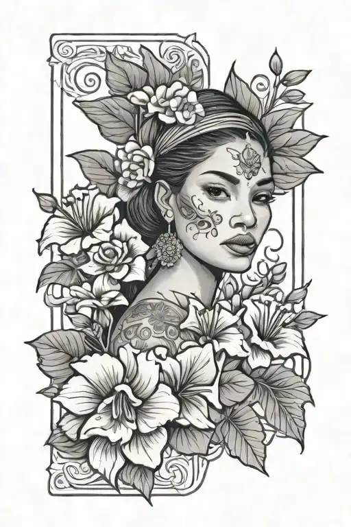 Hispanic Woman In A Taro Card With Flowers Growing