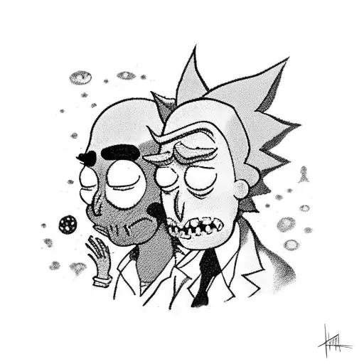 A Black-grey Tattoo Of Rick And Morty Encountering Strange Alien Creatures