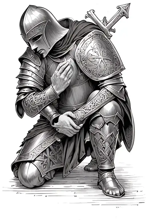 Templar Knight Celtic Armor Kneeling Praying With Hand On A Shield