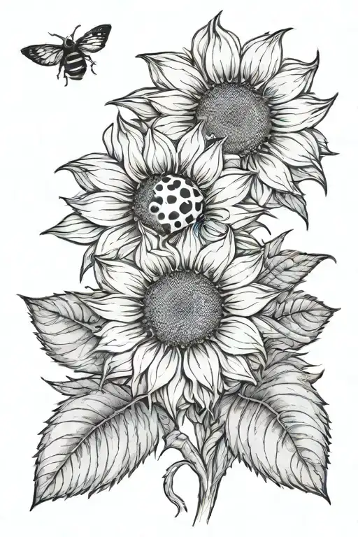 Fine Line Sunflower With Ladybug Flying