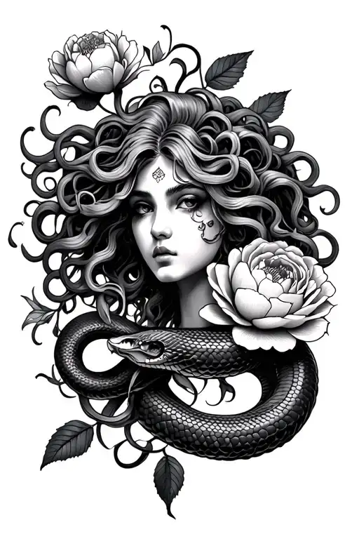 Medusa With Snake And Peony Style American