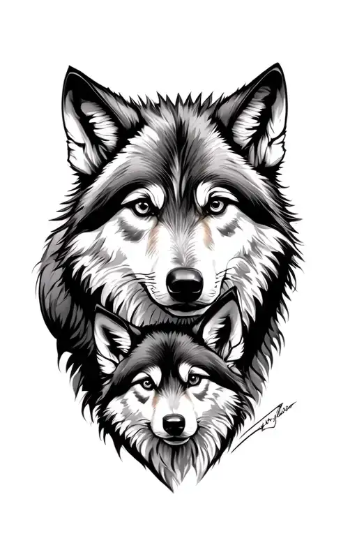 Male Wolf And Pup