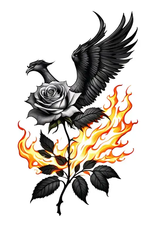 A Rose On Fire With A Phoenix In The Background