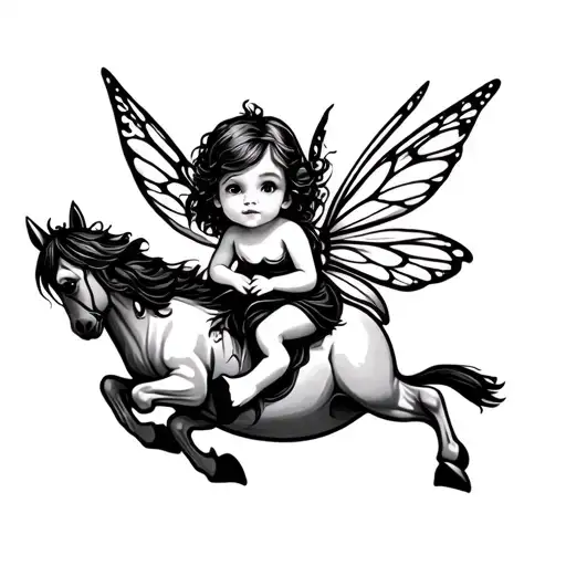 A Cute Baby Fairy Riding A Cute Horse Flying