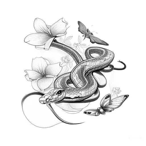Snake With Butterflys And Flowers Done The Spine