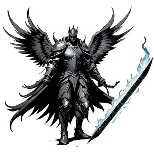 Tall Dark Armored Silhouette With Four Wings Holding A Flaming Sword