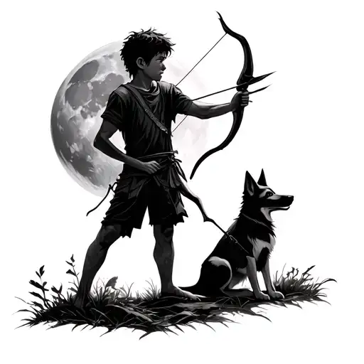 Boy In The Forest With Arrow And Bow Full Moon Accompanied By His Watchdog