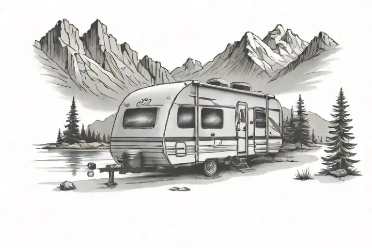 Travel Trailer Camping Lake Surrounded By Mountains Camp Fire