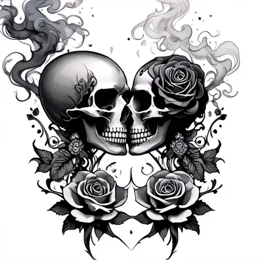 Chicano Art With Smoke And Skulls Kissing Each Other With A Rose