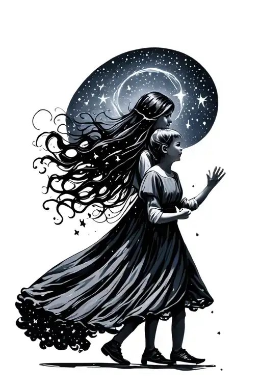 Mother And Young Child Walking In Galaxy Filled With Stars