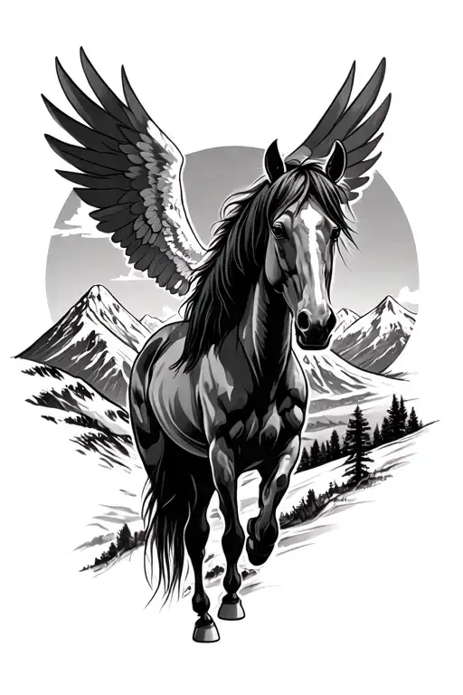 Horse With Wings Mountain In The Background Looking Through Lens