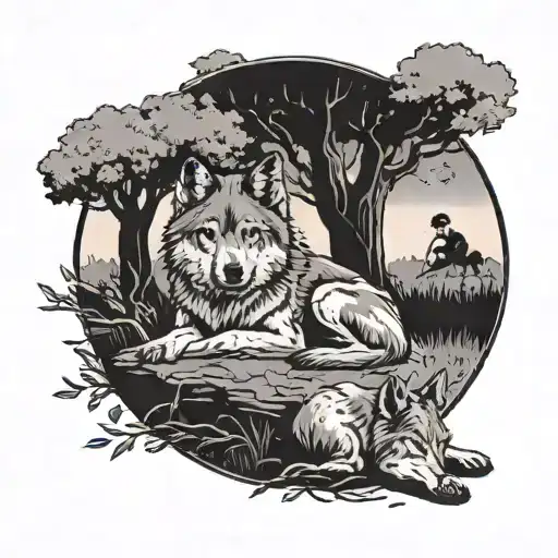 A Student Studying Under A Tree With A Wolf And A Dog By Their Side