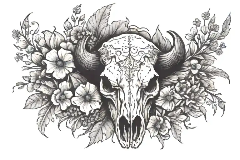 Bison Skull With Wild Flowers Around It
