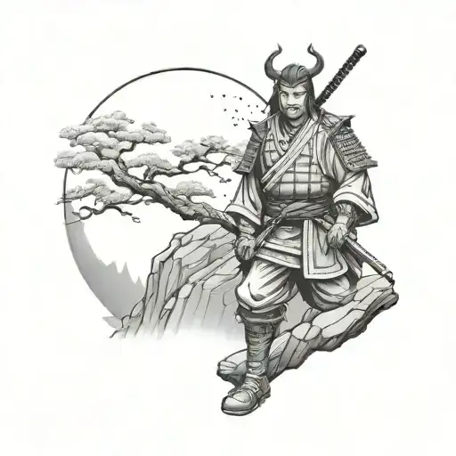 Realistic Samurai On A Cliff In The Moonlight Looking At Us With An Oni Mask With A Sakura