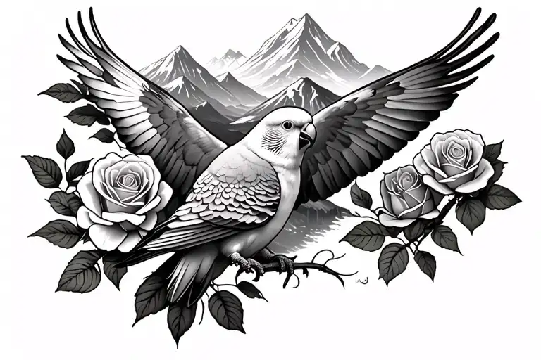 Parakeet Flying Three Roses Mountain Landscape