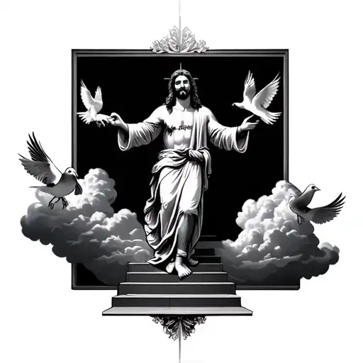 Jesus On A Bed Of Clouds Carrying Doves Surrounded By The Stairway To Heaven