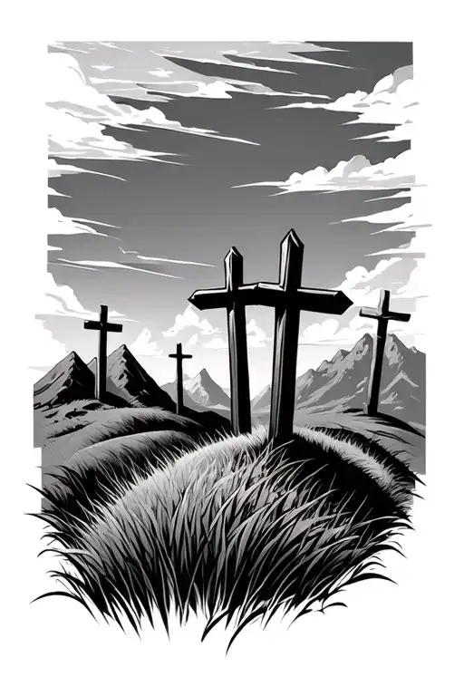 Grassy Hills With 3 Crosses In Background With Mountains Behind It