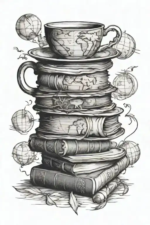 A Coffee Cup Morphing Into A Stack Of Books With A World Map In The Background