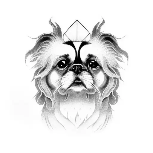 A Black And Grey Tattoo Of A Japanese Chin Dog With Traditional Japanese Art Elements